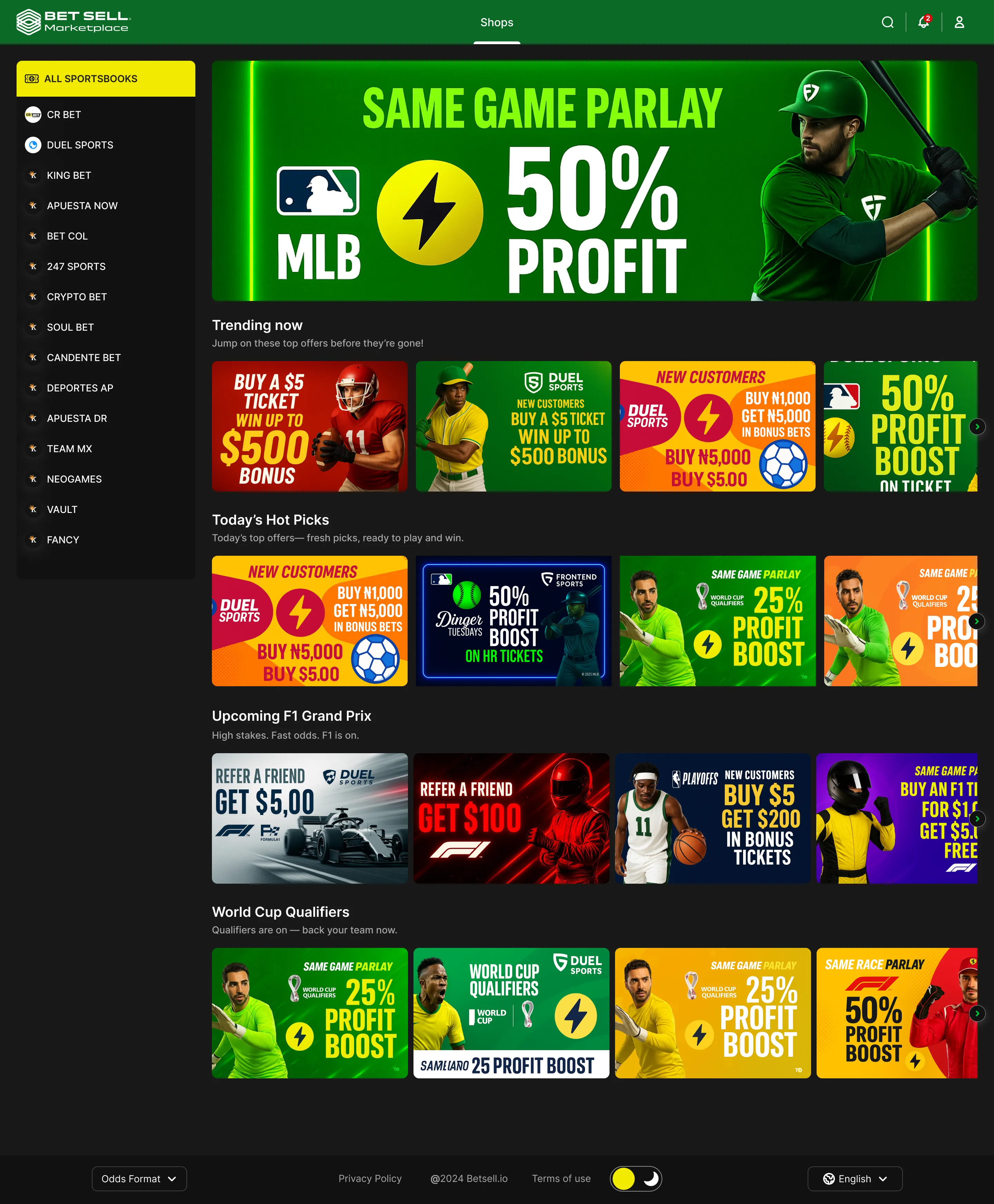 Página de BetSell Shops mostrando los Local Marketplaces y el inventario de tickets negociables de los sportsbooks participantes